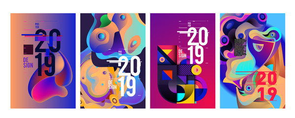 Fototapeta na wymiar 2019 New Poster Design Template. Trendy Vector Typography and Colorful Illustration Collage for Cover and Page Layout Design Template in eps10