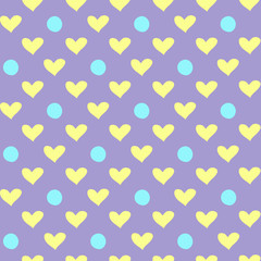 seamless pattern drawing blue circles and yellow hearts on a lilac background, festive decor in the style of flat