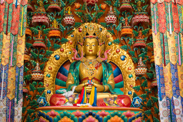 Fototapeta premium Buddha statue in buddhist Matho monastery ( Gompa ) temple in Leh, Jammu and Kashmir state, Ladakh, India