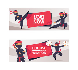 Ninja characters showing different actions vector illustration. Cartoon serious ninja with sword banners. Start training now. Choose your weapon. Men holding karate sticks. © Vectorvstocker