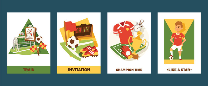 Football cards vector illustration set. Invitation for match or championship. Cartoon professional football player like a star. Champion time for winners in tournament.