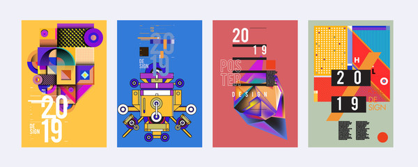 2019 New Poster Design Template. Trendy Vector Typography and Colorful Illustration Collage for Cover and Page Layout Design Template in eps10