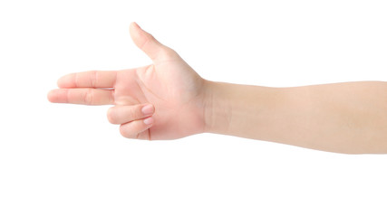 Hand using fingers to act like a gun on white background with clipping path.