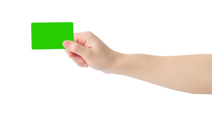 Hand holding empty card with your fingers on white background. clipping path.