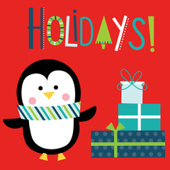 Christmas greeting with cute penguin and present design