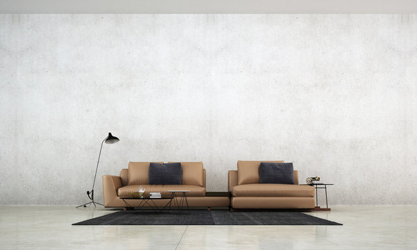 The loft living room and concrete wall texture background and brown leather sofa