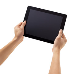 Men hands hold a tablet touch pad computer gadget isolated on white background