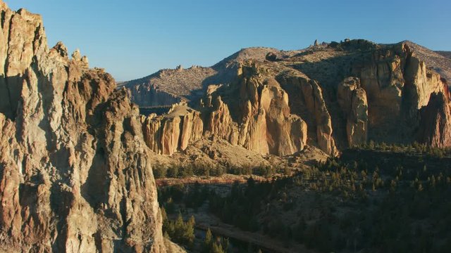 Oregon circa-2018. Aerial view of Smith Rock State Park. Shot from helicopter with Cineflex gimbal and RED Epic-W camera.