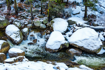 creek with snow in the winter forest