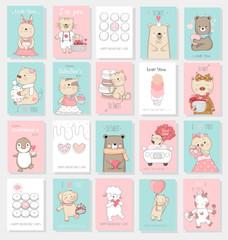Valentine's Day background with cute baby animal cartoon hand drawn style
