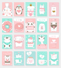 Valentine's Day background with cute baby animal cartoon hand drawn style