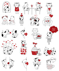Valentine's Day background with cute baby cat cartoon hand drawn style