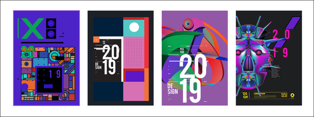 2019 New Poster Design Template. Trendy Vector Typography and Colorful Illustration Collage for Cover and Page Layout Design Template in eps10