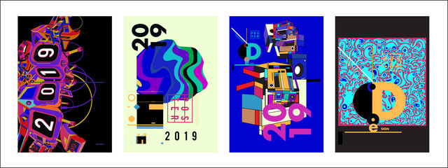 Fototapeta premium 2019 New Poster Design Template. Trendy Vector Typography and Colorful Illustration Collage for Cover and Page Layout Design Template in eps10