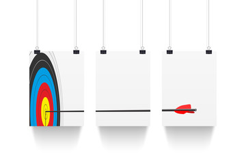 Three white paper sheets hanging on paper clips with archery target and arrow isolated on white background. Vector design concept.