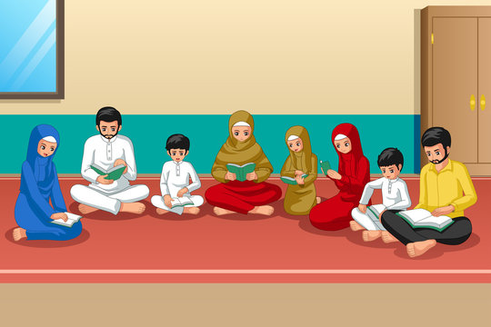 Muslim Family Studying Quran and Praying at Home
