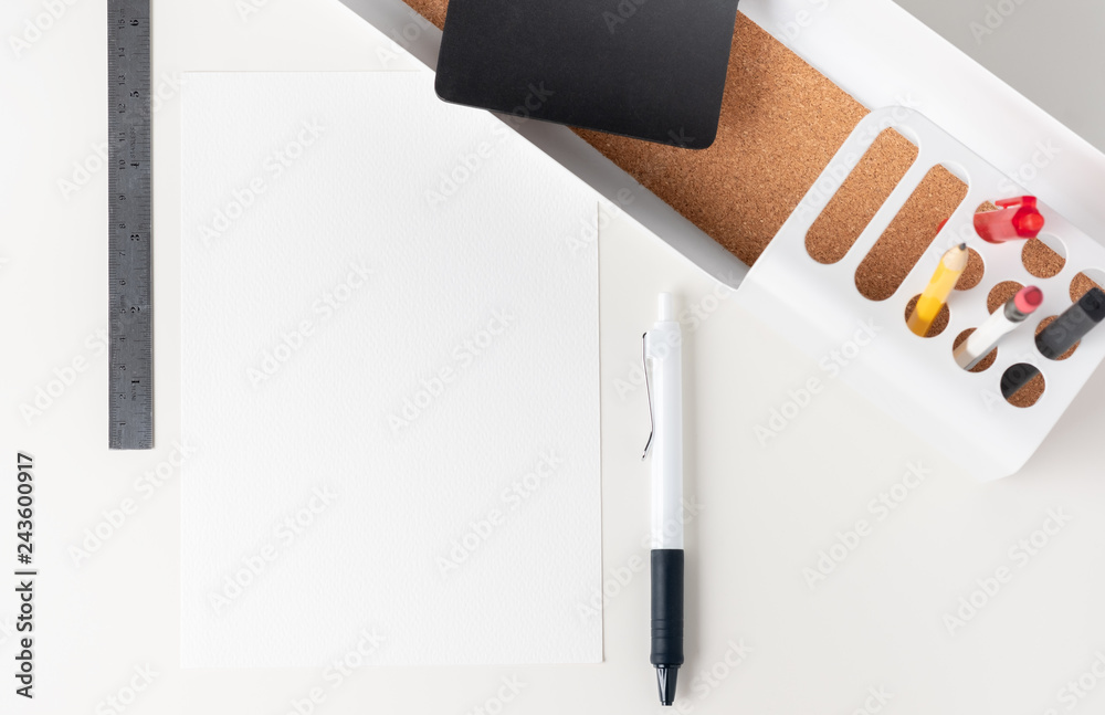 Poster top view white paper note on modern office stationery on white table.pencil, notepad,ruler,pen and p