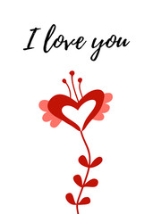 Valentines day greeting card, flower and heart. I love you, vector hand drawn flat illustration