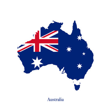 Australian flag on map of Australia isolated on white background. Vector illustration.