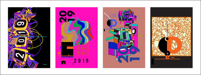 2019 New Poster Design Template. Trendy Vector Typography and Colorful Illustration Collage for Cover and Page Layout Design Template in eps10