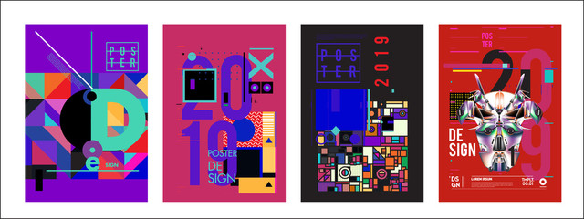 Fototapeta premium 2019 New Poster Design Template. Trendy Vector Typography and Colorful Illustration Collage for Cover and Page Layout Design Template in eps10