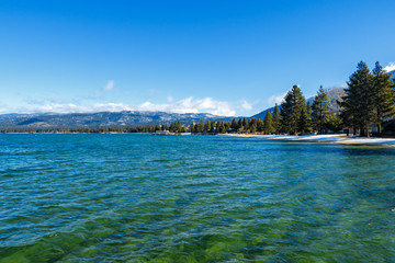 South lake tahoe with blue water and green trees