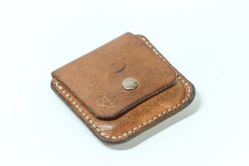 Close up color leather purse isolated on white background