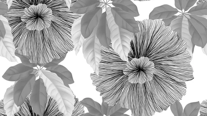 Fototapeten Tropical seamless pattern,  black and white flowers and umbrella tree on white background, pastel vintage style © momosama