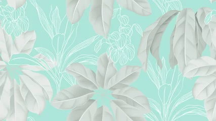 Gordijnen Tropical seamless pattern,  green Schefflera arboricola or umbrella tree on blue background, vintage style © momosama