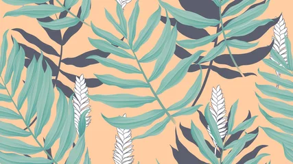Muurstickers Tropical seamless pattern,  green Dypsis lutescens or yellow palm with flowers on orange background, vintage style © momosama