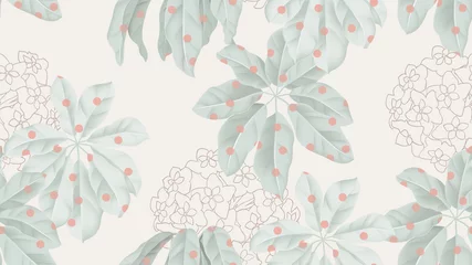 Tuinposter Tropical seamless pattern,  green umbrella tree with red dots and flowers on light brown background, pastel vintage style © momosama