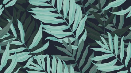 Poster Tropical seamless pattern,  green Dypsis lutescens or yellow palm on dark blue background, pastel vintage style © momosama