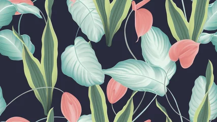 Fototapeten Tropical seamless pattern,  red Anthurium flowers, dumbcane, snake plant on dark blue background, pastel vintage style © momosama