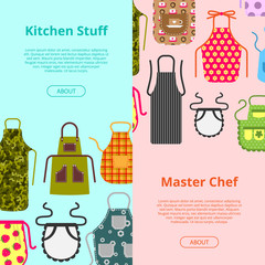 Colorful kitchen aprons with patterns icons banner. Protective garment. Cooking dress for housewife or chef of restaurant vector illustration. Kitchen stuff, master chef.