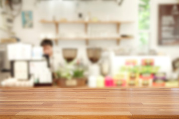 Empty wooden and table on abstract blurred background of coffee shop with shelf and window, product display, Ready for product montage