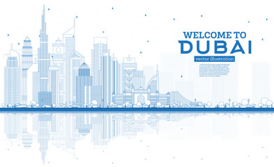 Naklejka premium Zarys Witamy w Dubaju w Zjednoczonych Emiratach Arabskich z niebieskimi budynkami i odbiciami.