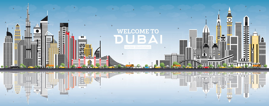 Welcome to Dubai UAE Skyline with Gray Buildings, Blue Sky and Reflections.
