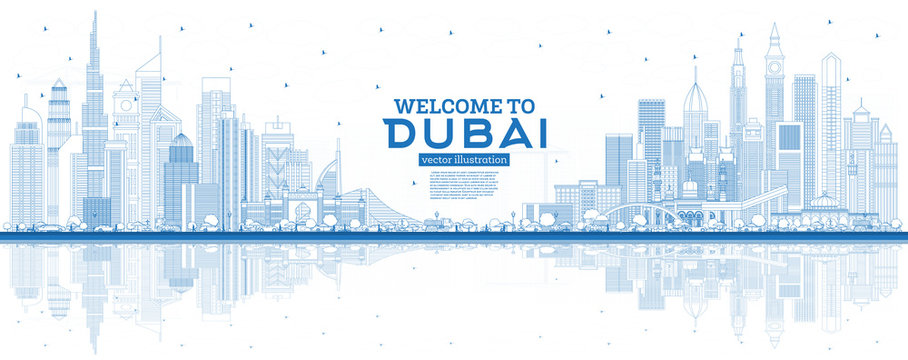 Outline Welcome to Dubai UAE Skyline with Blue Buildings and Reflections.
