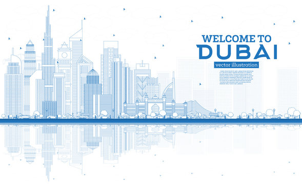 Outline Welcome to Dubai UAE Skyline with Blue Buildings and Reflections.