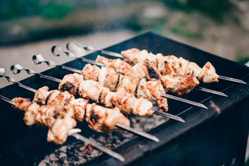 Grilled kebab cooking on metal skewer. Roasted meat cooked at barbecue. Traditional eastern dish, shish kebab. Grill on charcoal and flame, picnic, street food