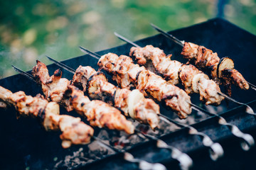 Grilled kebab cooking on metal skewer. Roasted meat cooked at barbecue. Traditional eastern dish, shish kebab. Grill on charcoal and flame, picnic, street food