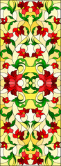 Illustration in stained glass style with abstract curly red  flowers  on yellow background ,vertical image