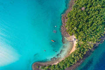 Fototapeta premium Aerial view of exotic turquoise sea with white beach green tree island