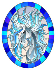 Illustration in stained glass style with abstract white  horse on a sky background framed in oval picture