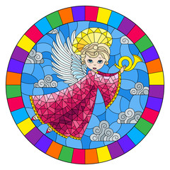 Illustration in stained glass style with cartoon  angel in pink dress playing the horn against the cloudy sky,round image in bright frame