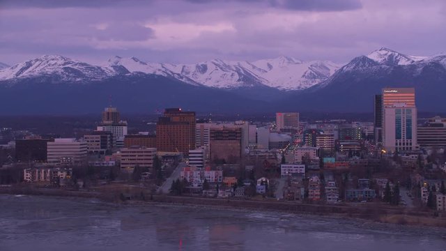 Anchorage, Alaska circa-2018. Aerial view of Anchorage, Alaska at sunset. Shot from helicopter with Cineflex gimbal and RED Epic-W camera.