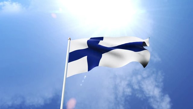 The national flag of Finland waving in the wind on a sunny day.  Beautiful slow motion shot of the Finnish flag.