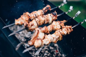 Grilled kebab cooking on metal skewer. Roasted meat cooked at barbecue. Traditional eastern dish, shish kebab. Grill on charcoal and flame, picnic, street food