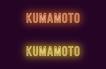 Neon name of Kumamoto city in Japan. Vector text