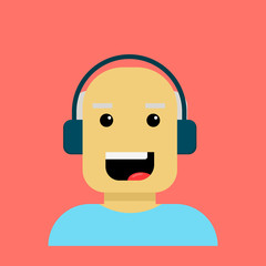 Elderly man having fun and listening music in headphones. Modern style cartoon character isolated on coral color.